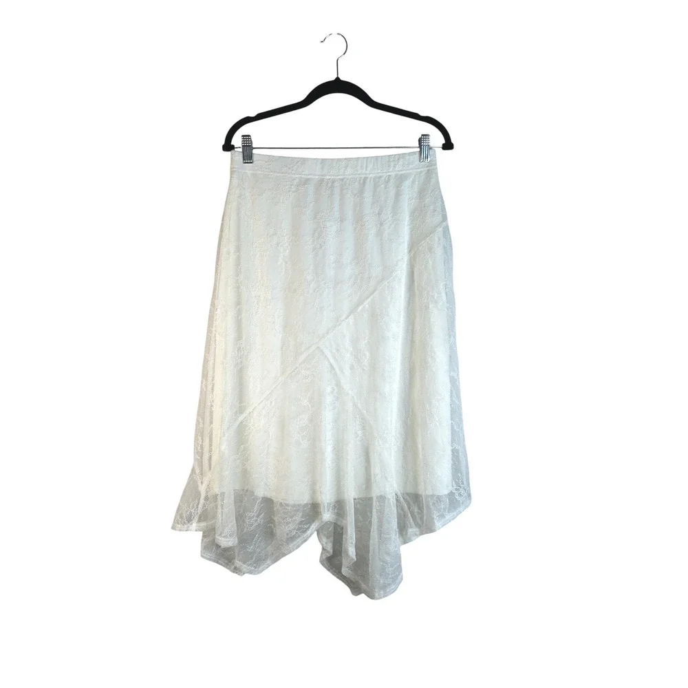 Ember Y2K 90's White‎ Lace Handkerchief Hem Floral Overlay Midi Skirt Size Large